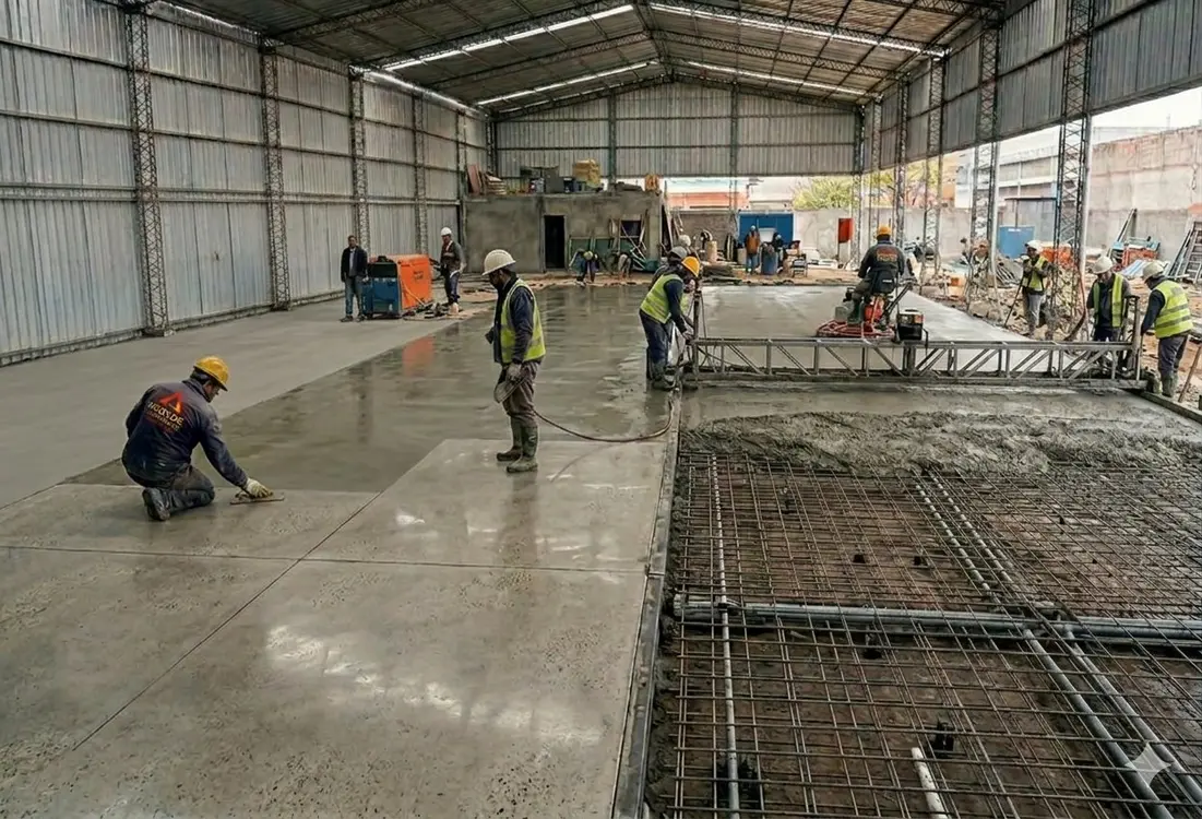 Construcción de piso de hormigón industrial con fibra de vidrio
