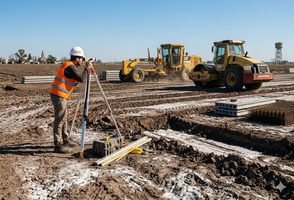 Topógrafo y maquinaria CAT en obra de movimiento de suelos Rosario