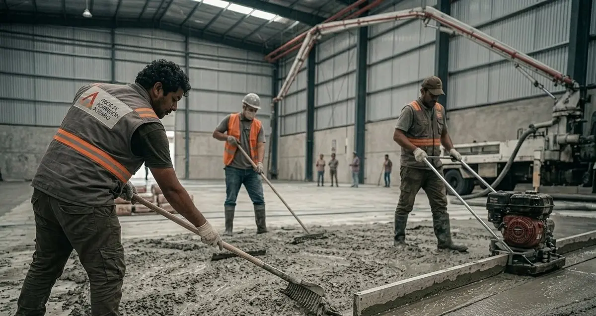 Equipo Pisos de Hormigón Rosario extendiendo hormigón industrial